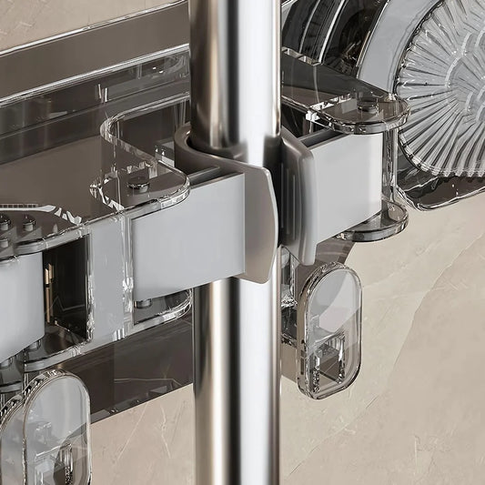 Wall-Mounted Mop & Broom Organizer – Suction Cup Rack with Hooks for Household Cleaning Storage